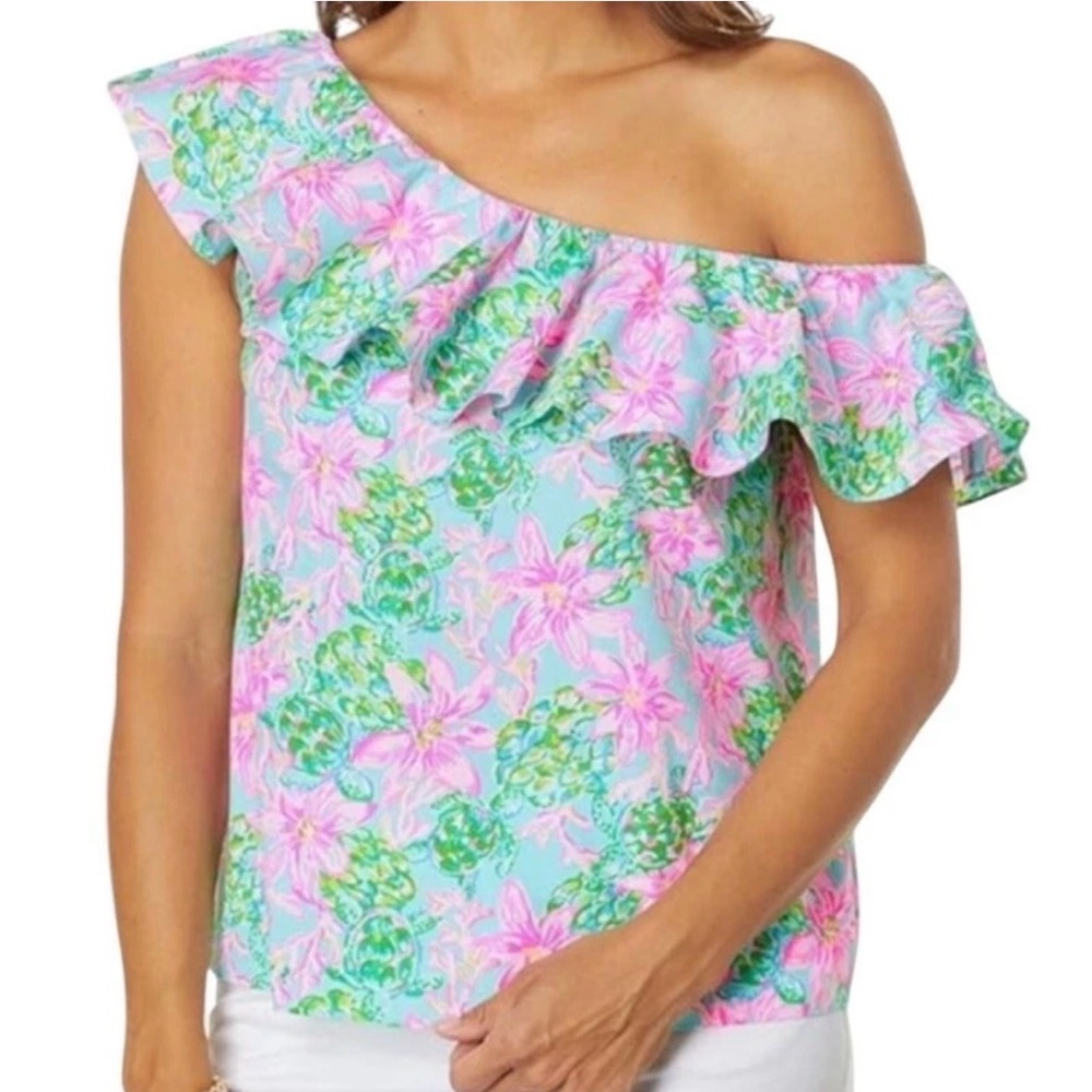 Lilly Pulitzer Women's XXS Zeldie One Shoulder Blouse Ruffle Turtle Floral